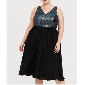 Torrid Colorful Sequin Black Chiffon V Back Sleeveless Midi Party Dress Size 14‎